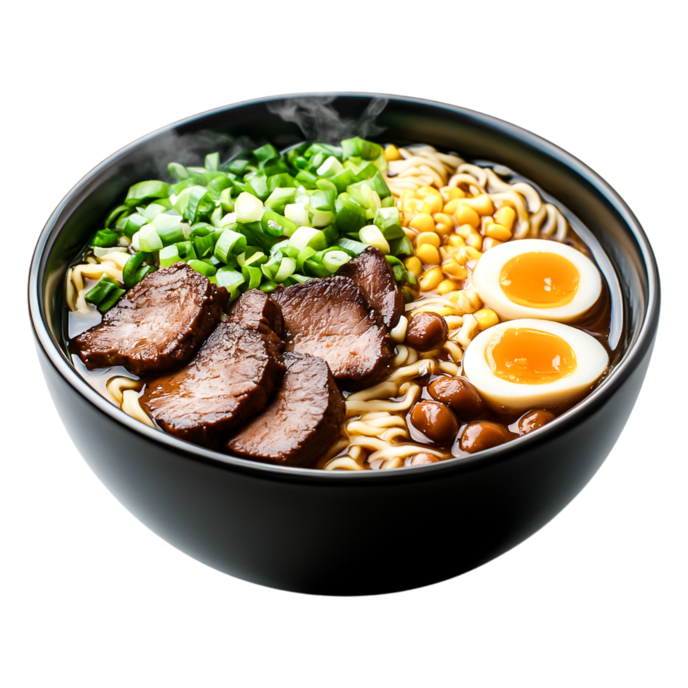 Delicious bowl of ramen with meat, eggs, and fresh vegetables png