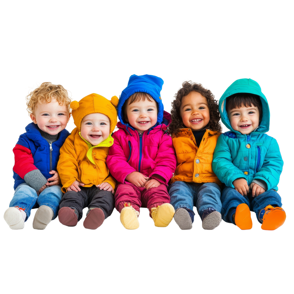 A joyful group of happy toddlers dressed in colorful outerwear, gathered together for a playful, diversified group of happy toddlers outerwear, file of isolated object on transparent background png