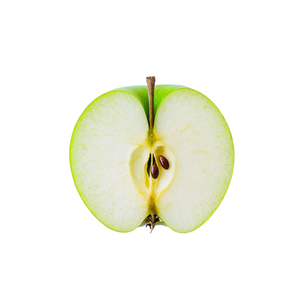 Half green apple sliced open on a clean transparent background showcasing its interior and seeds for a simple still life, half green apple on transparent background png