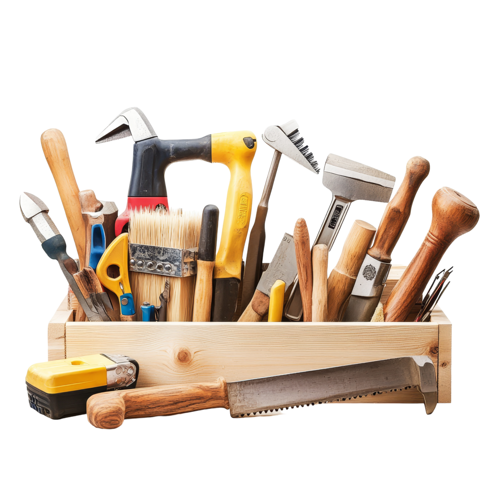 Collection of various carpentry tools displayed in a wooden box ready for woodworking projects at a workshop, Various type of carpentry tools in group png