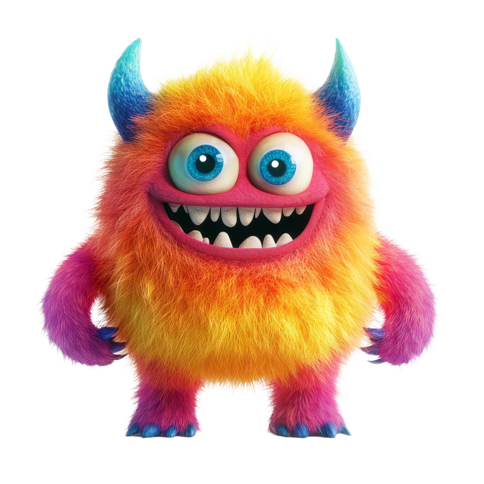 A colorful, furry monster character with bright eyes and a big smile, standing playfully, colorful furry and cute monster, 3D render character cartoon style Isolated on transparent background png