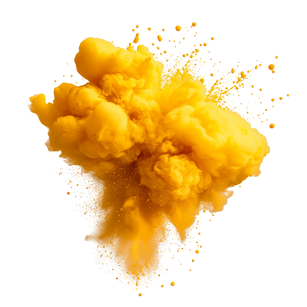 Yellow paint splash explosion creating a vibrant smoke cloud, isolated on a transparent background for artistic impact, yellow paint splash explosion smoke cloud isolated on transparent background png