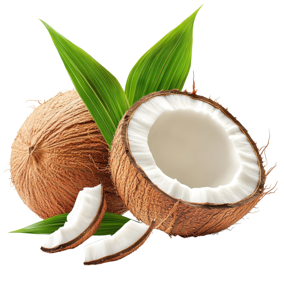 Fresh coconut with green leaf on transparent background highlighting the natural texture and freshness of tropical fruit, coconut with leaf isolated on transparent background png