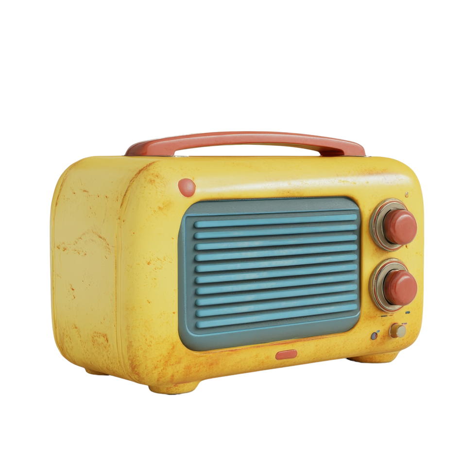 Vintage cartoon radio design in bright colors on a clean transparent background showcasing retro charm, 3D Cartoon Vintage Radio On transparent background png