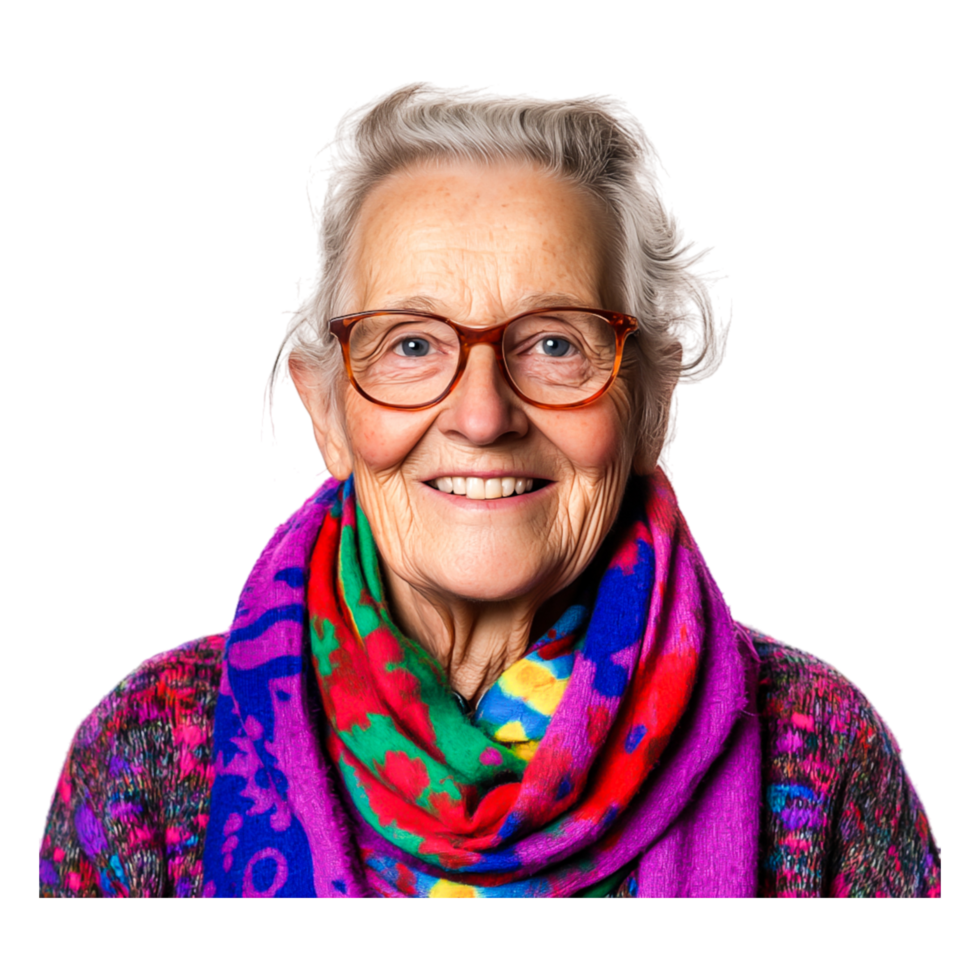 Cheerful older woman with glasses wearing colorful scarf and sweater png