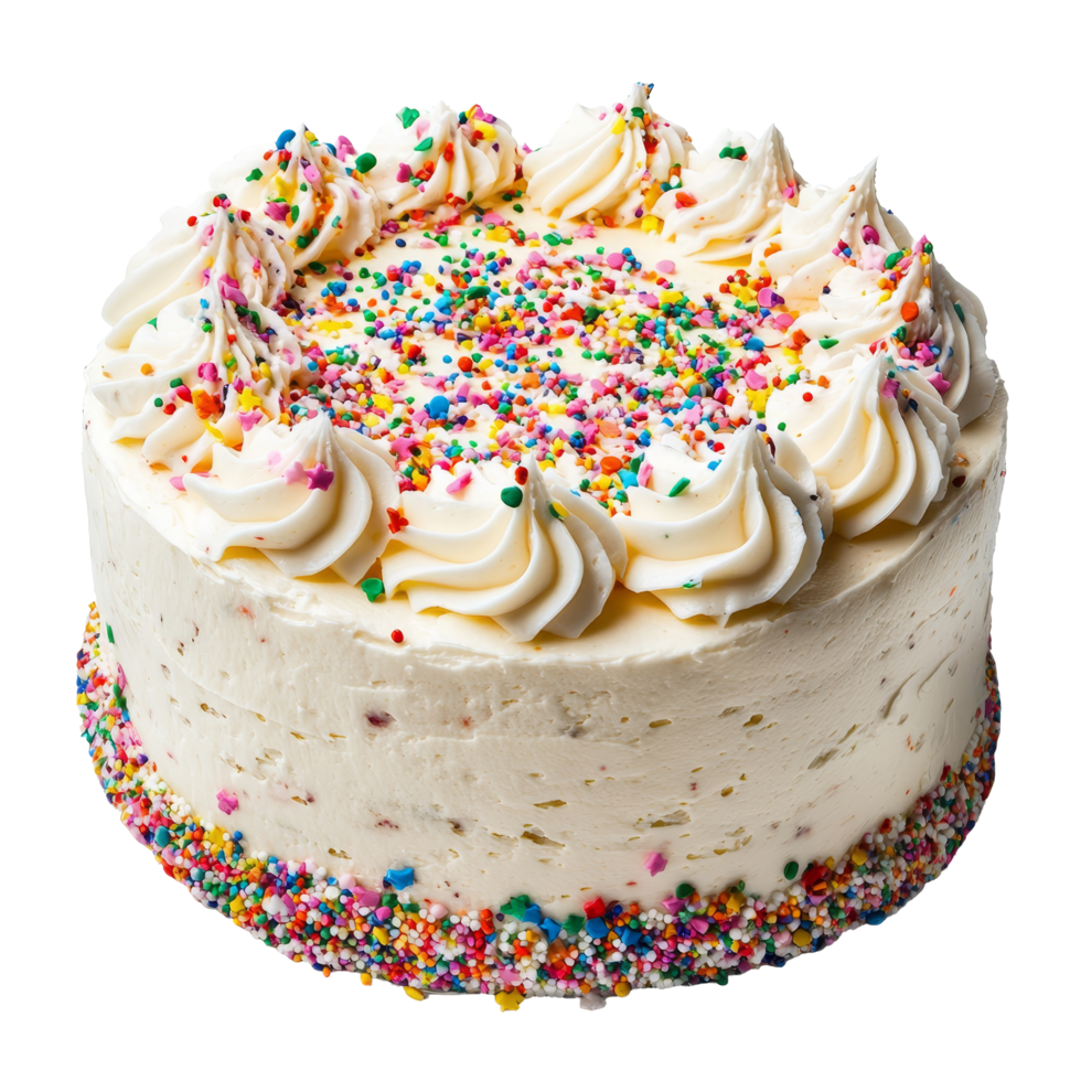 Delightful confetti cake with vanilla sour cream frosting and vibrant sprinkles ready for a celebration in a cozy, confetti cake with vanillasour cream frosting birthday isolated on transparent png