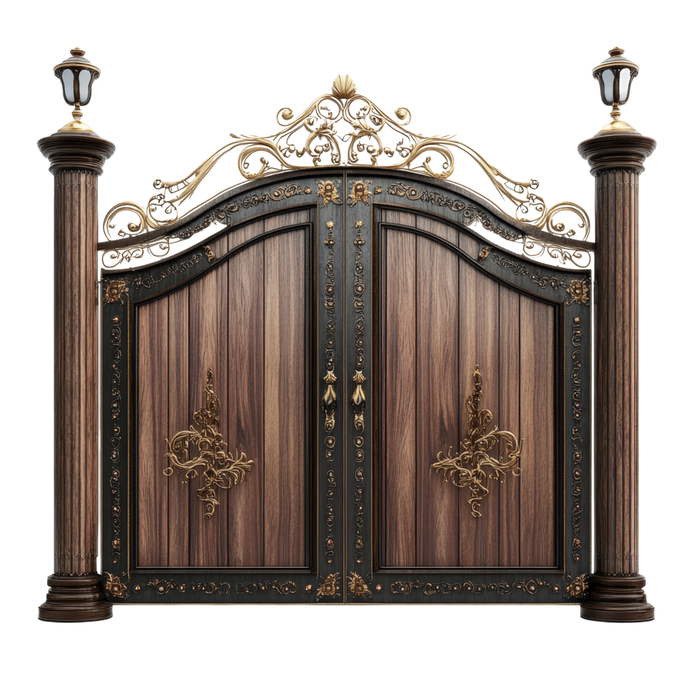 Elegant wooden gate with ornate details set against a transparent background showcasing luxury craftsmanship, Luxury beautiful wooden gate on a transparent background png