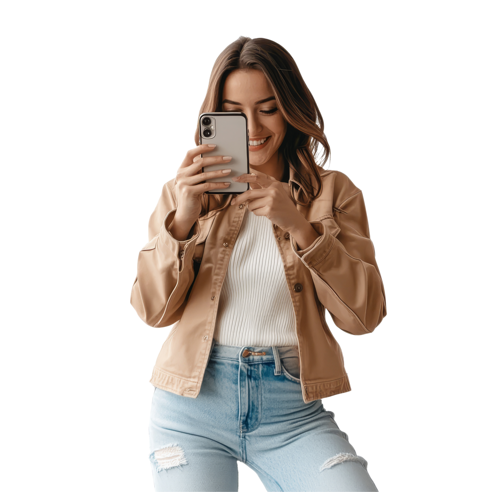 Casual woman smiling while taking pictures with her smartphone against a plain background during the day, Casual woman taking pictures with her phone file no background png