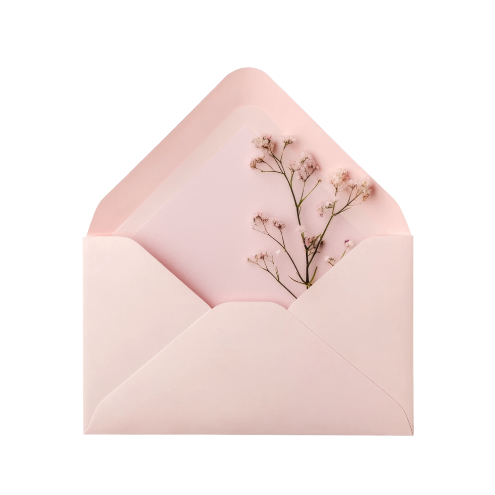 Delicate pink envelope with a card and flowers on a light background, perfect for special occasions and messages, Pink open envelope with card png