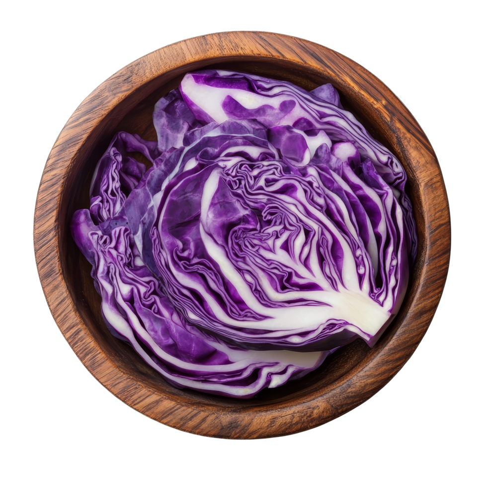 Freshly sliced purple cabbage in a wooden bowl isolated on a bright transparent background perfect for healthy recipes, slice purple cabbage in wood bowl isolated on transparent background png