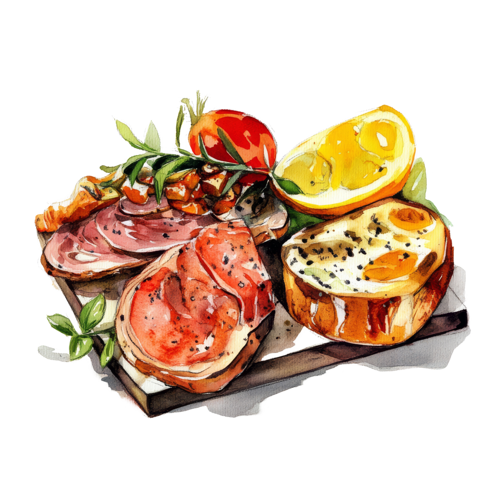 Colorful watercolor of charcuterie with cured meats, bread, tomatoes, lemon, and herbs on a transparent background, Watercolor Christmas Cup Illustration on transparent background png
