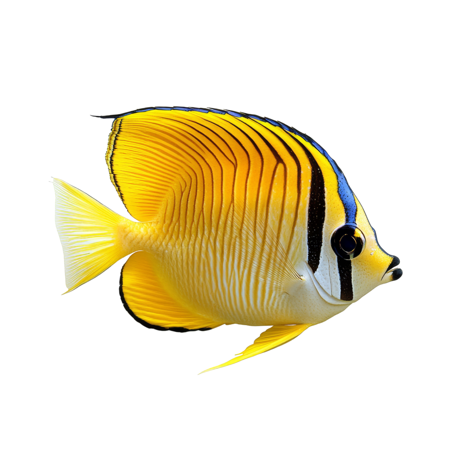 A vibrant butterflyfish swimming gracefully against a stark transparent background showcasing its striking colors, Butterflyfish on transparent background png