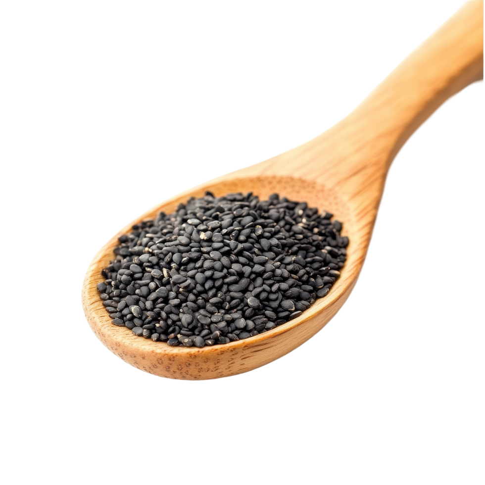 Closeup of black sesame seeds in a wooden spoon on a clean transparent background, black sesame in wood spoon isolated on transparent background png