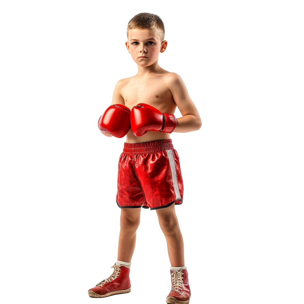 Young boy boxer wearing red gloves and shorts, posing confidently against a transparent background, Young Boy Boxer in Red Gloves and Shorts Isolated on transparent background png