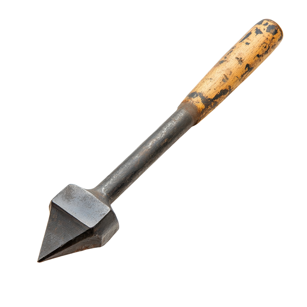 A sturdy chisel tool with a wooden handle resting on a transparent surface, ideal for various sculpting and woodworking activities, Chisel tool isolated Stock Photo png