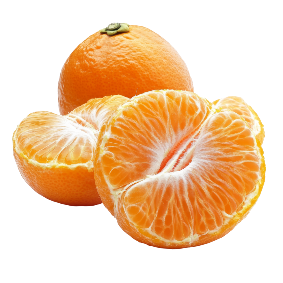 Fresh and juicy mandarin oranges cut open on a transparent background, showcasing vibrant color and texture, Mandarin orange citrus fruit on transparent background png