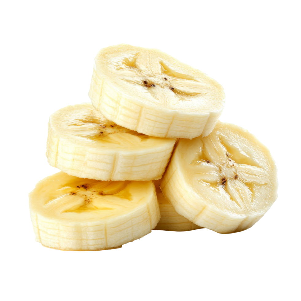 Fresh banana slices stacked on a transparent background highlighting their natural texture and color, Banana slices isolated on transparent background png