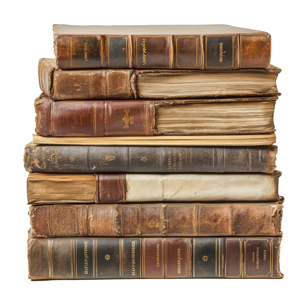A collection of stacked old historical books resting on a transparent background showcasing their aged leather covers, stack of old historical books isolated on transparent background png
