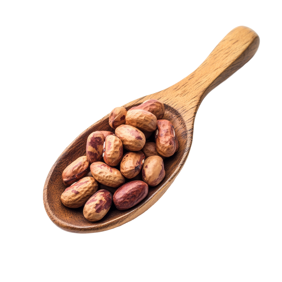 Tigerstripe beans, also known as peanuts, displayed on a wooden spoon against a transparent background, peanuts ,thai name is tigerstripe beans in wood spoon isolated on transparent background png