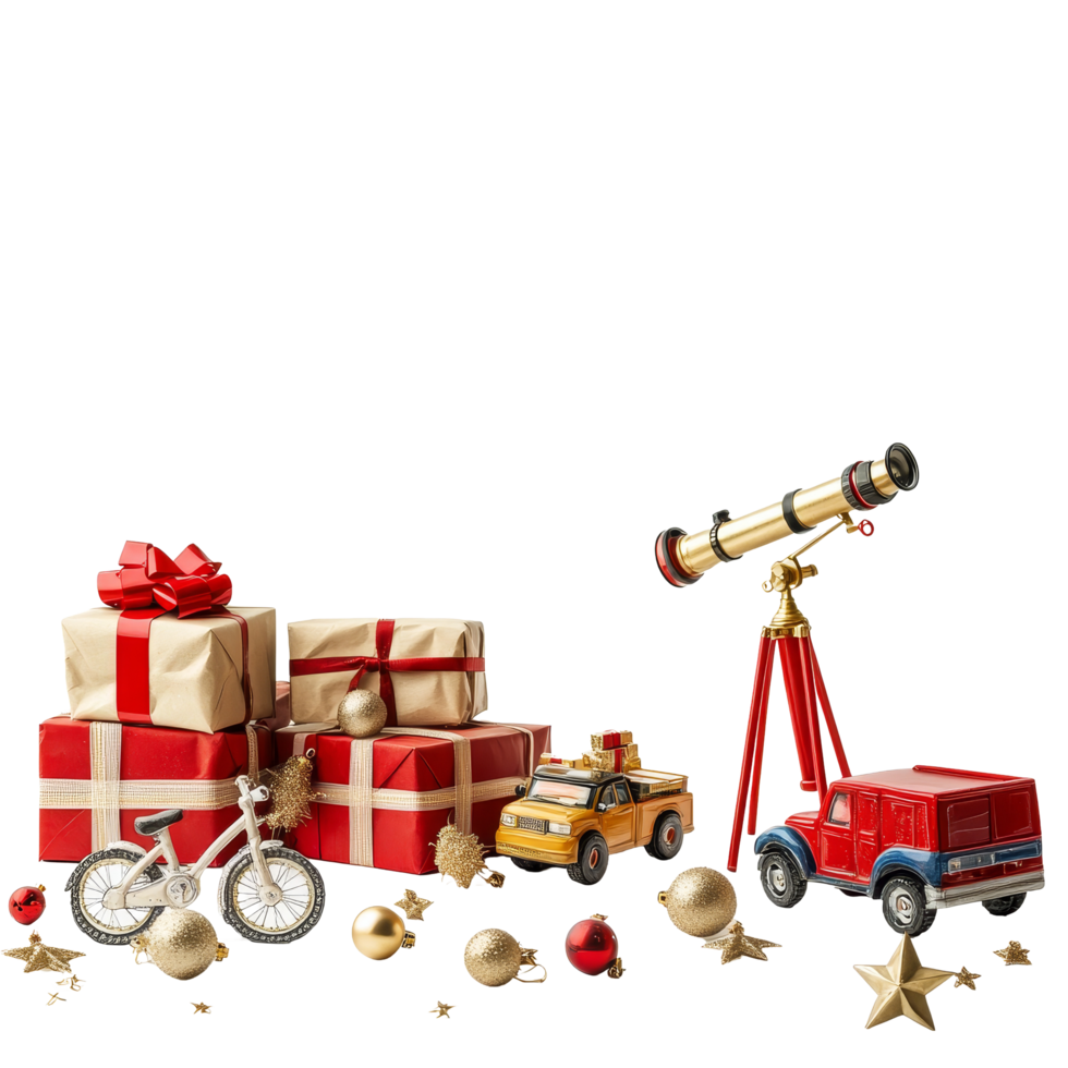 Colorful childrens Christmas gifts featuring a bicycle, telescope, and festive ornaments in a cheerful, Childrens Christmas Gifts with Bicycle, Telescope, and Toy Truck on transparent background png