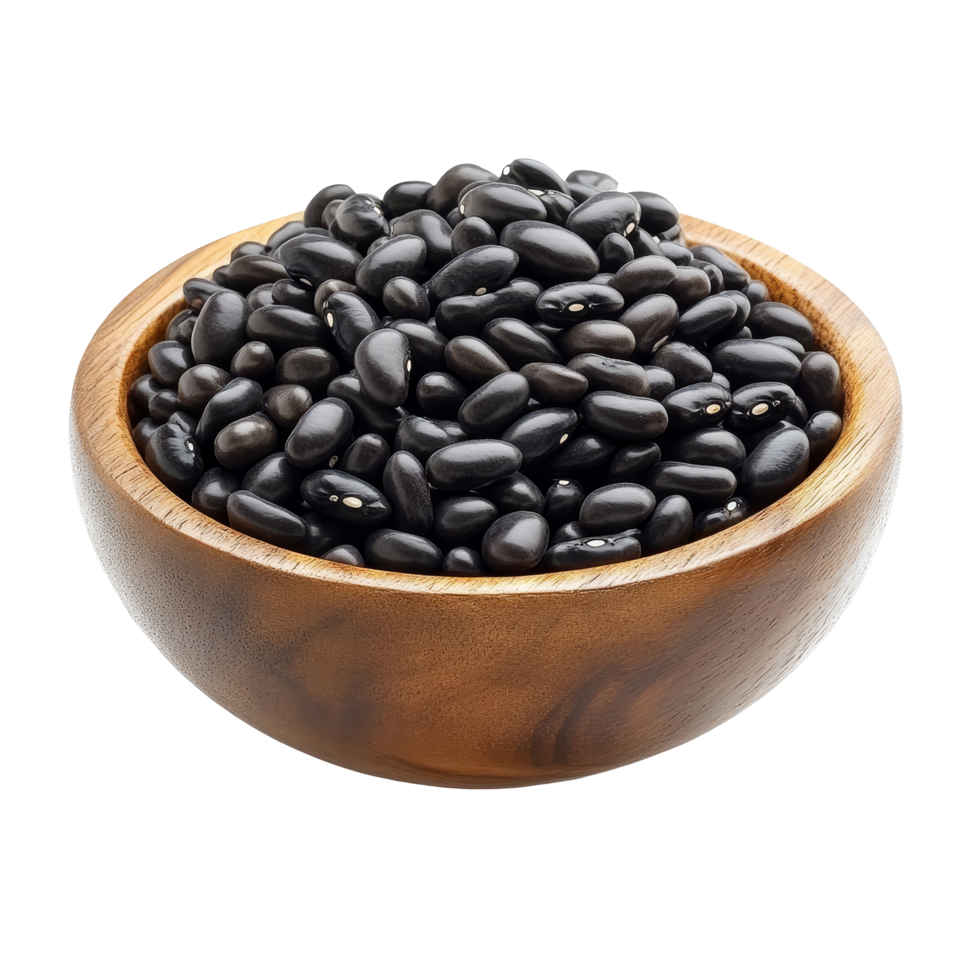 Fresh black beans in a wooden bowl showcasing their natural texture against a transparent background, black beans in wood bowl isolated on transparent background png