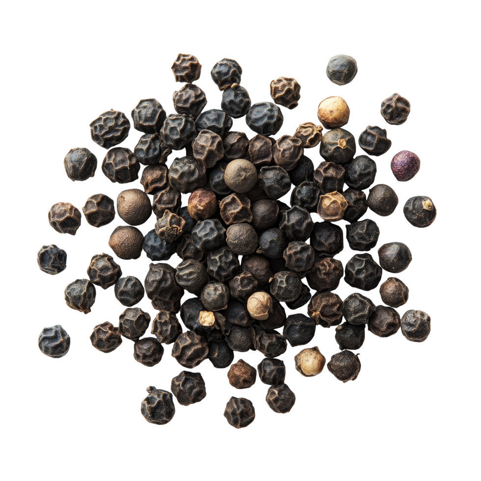 A collection of whole black peppercorns on a clean transparent background showcasing their unique texture and color, peppercorn on transparent background png