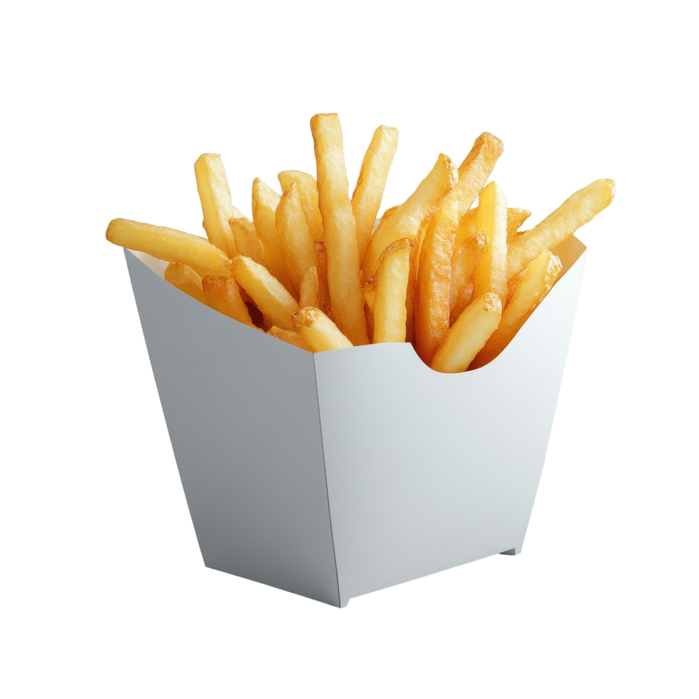 Freshly cooked French fries in a transparent paper box ready to be enjoyed as a delicious snack or side dish, French fries in a transparent paper box png