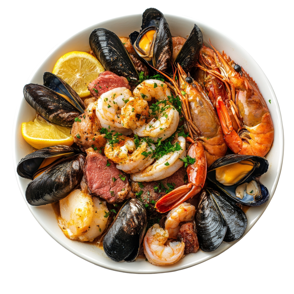 Delicious seafood and meat platter served with lemon on a transparent surface, Dish containing both seafood and meat top view isolated on transparent background png