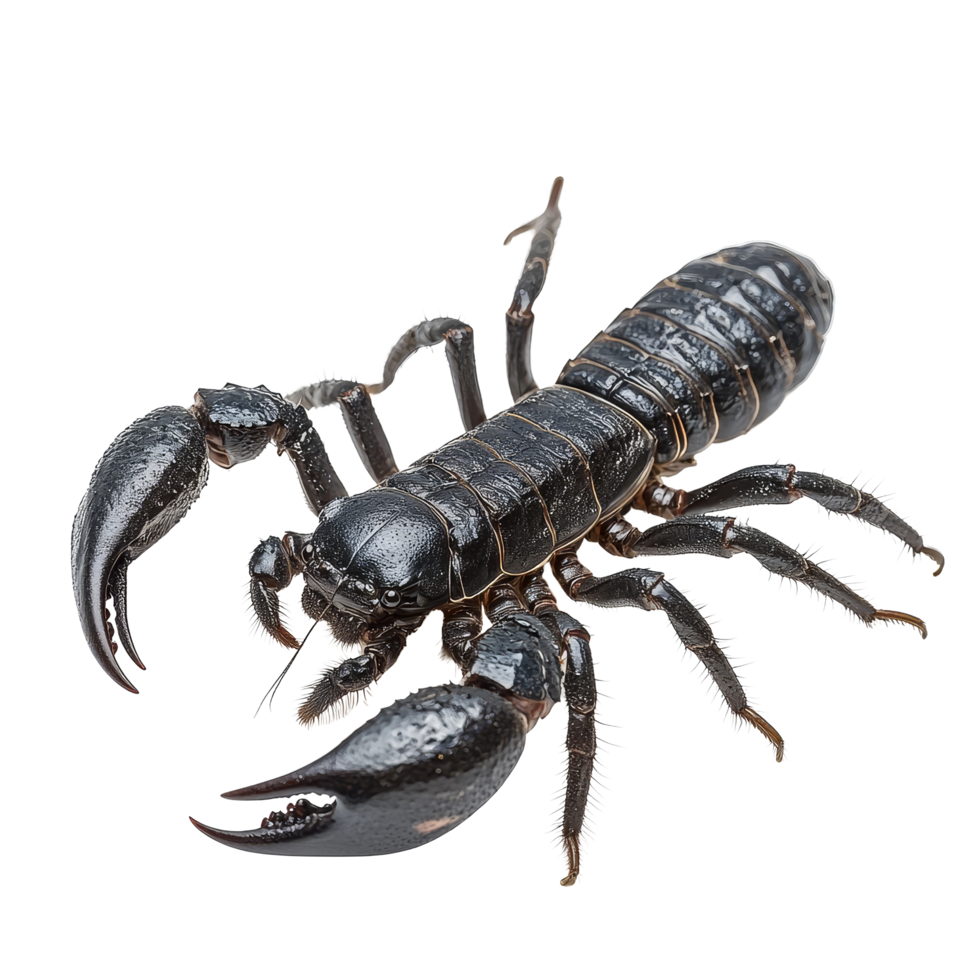 Detailed closeup of a scorpion Pandinus imperator on a transparent background showcasing its features and texture, Scorpion Pandinus imperator isolated on transparent background png