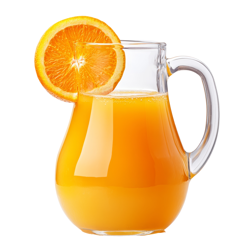Freshly squeezed orange juice in a clear jug garnished with a slice of orange against a transparent background, Glass of fresh orange juice isolated on transparent background png