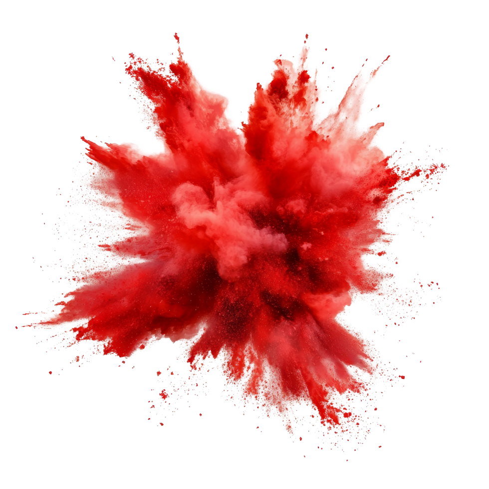 A vibrant red color explosion isolated on a clean transparent background showcasing dynamic splashes of pigment and powder, red color explosion isolated on transparent background png