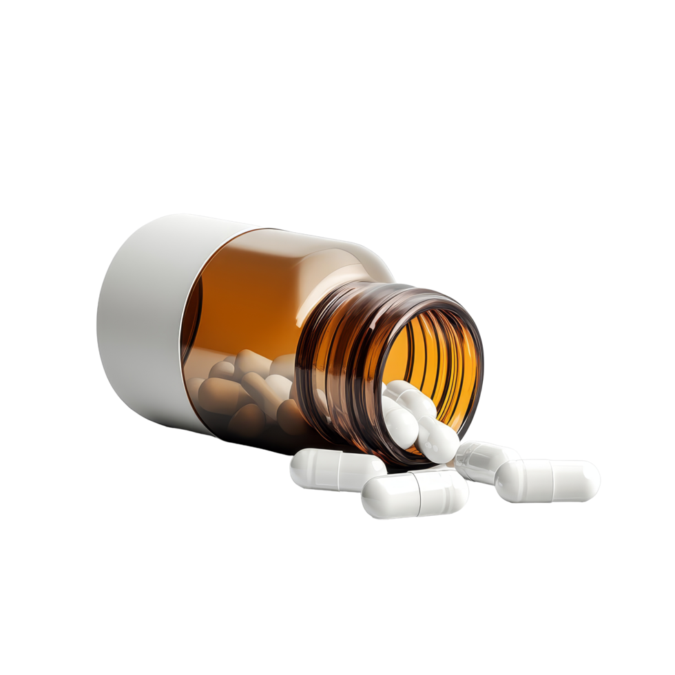 transparent pills spilled from a prescription bottle on a clean transparent background, highlighting the pharmaceutical product, pills out of bottle on transparent background png