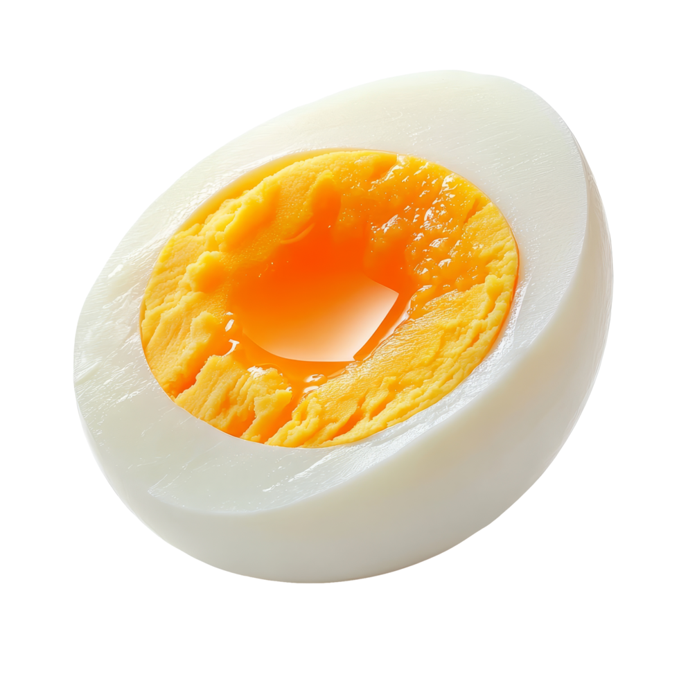 Boiled egg with a vibrant orange yolk displayed on a transparent background for culinary clarity, boiled egg on transparent background png