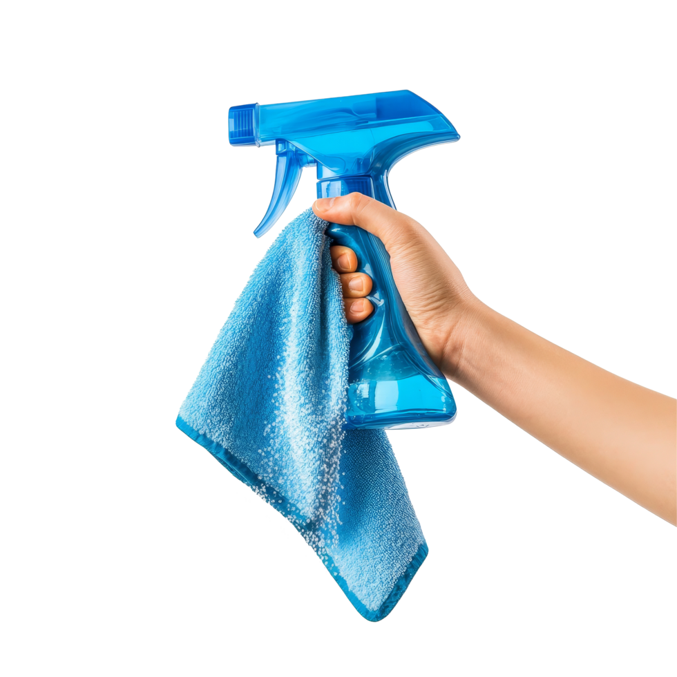 A hand holding a blue fiber cloth and spray detergent ready for cleaning in a bright environment, Hand holding fiber cloth and sprayer, detergent bottle for cleaning, isolated on transparent png