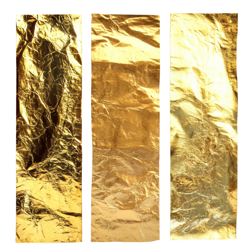 Three isolated gold foil textures on a transparent background ideal for creative projects and design applications, Three gold foil textures are isolated on a transparent background. Golden foil png