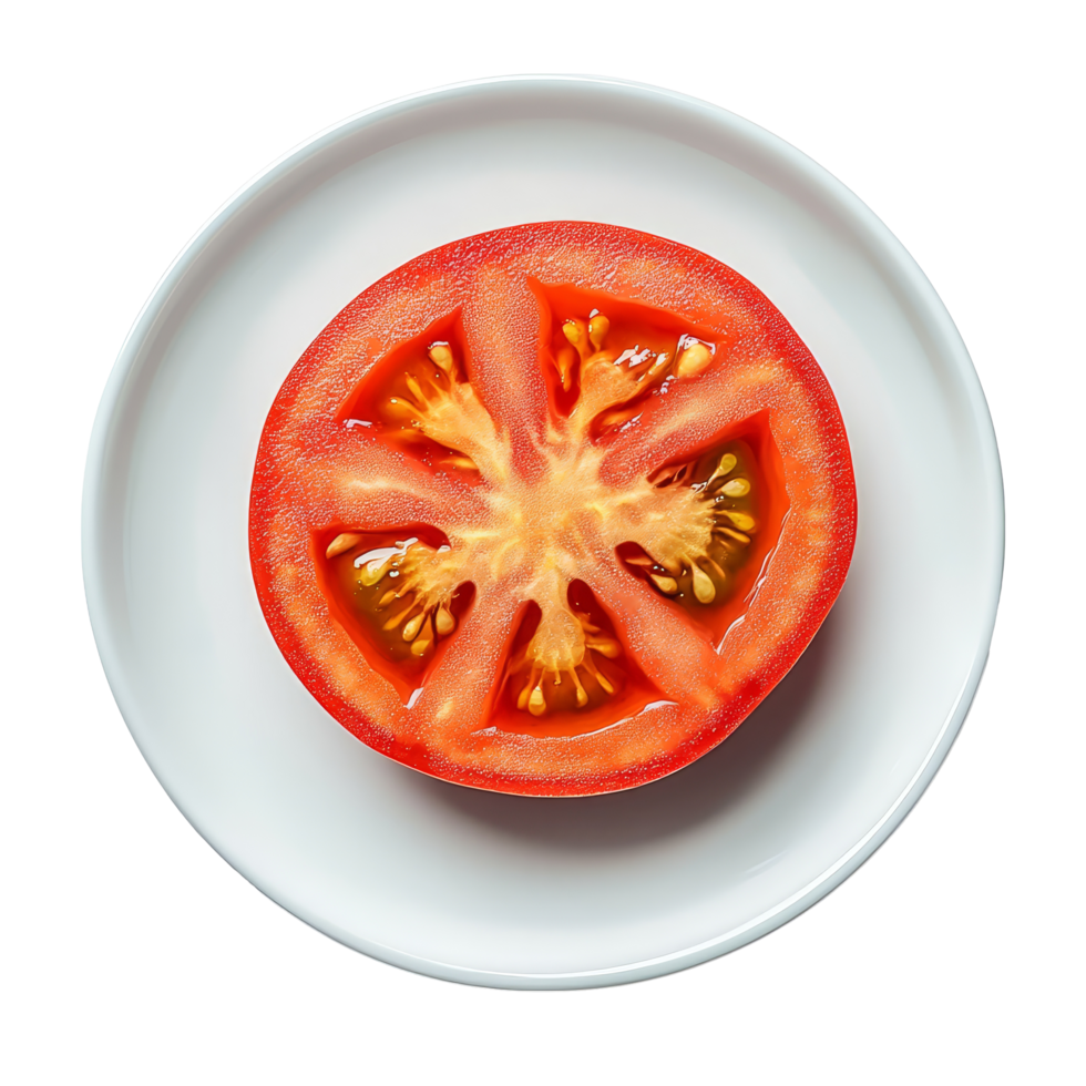 Fresh tomato slice displayed on a clean transparent plate against a plain background for culinary presentation, Tomato vegetable slice in a plate isolated on transparent background png