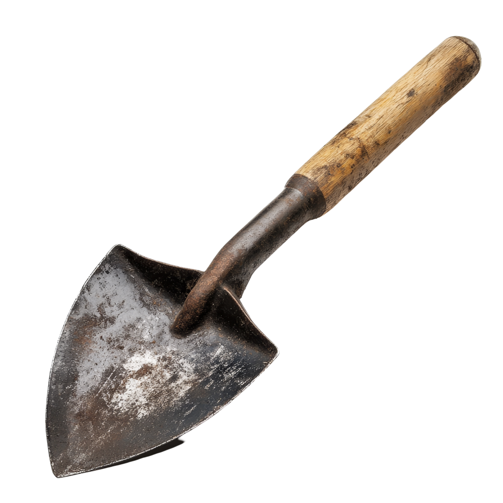 Shovel tool with wooden handle resting on a clean transparent background ready for gardening and landscaping tasks, shove tool on transparent background png
