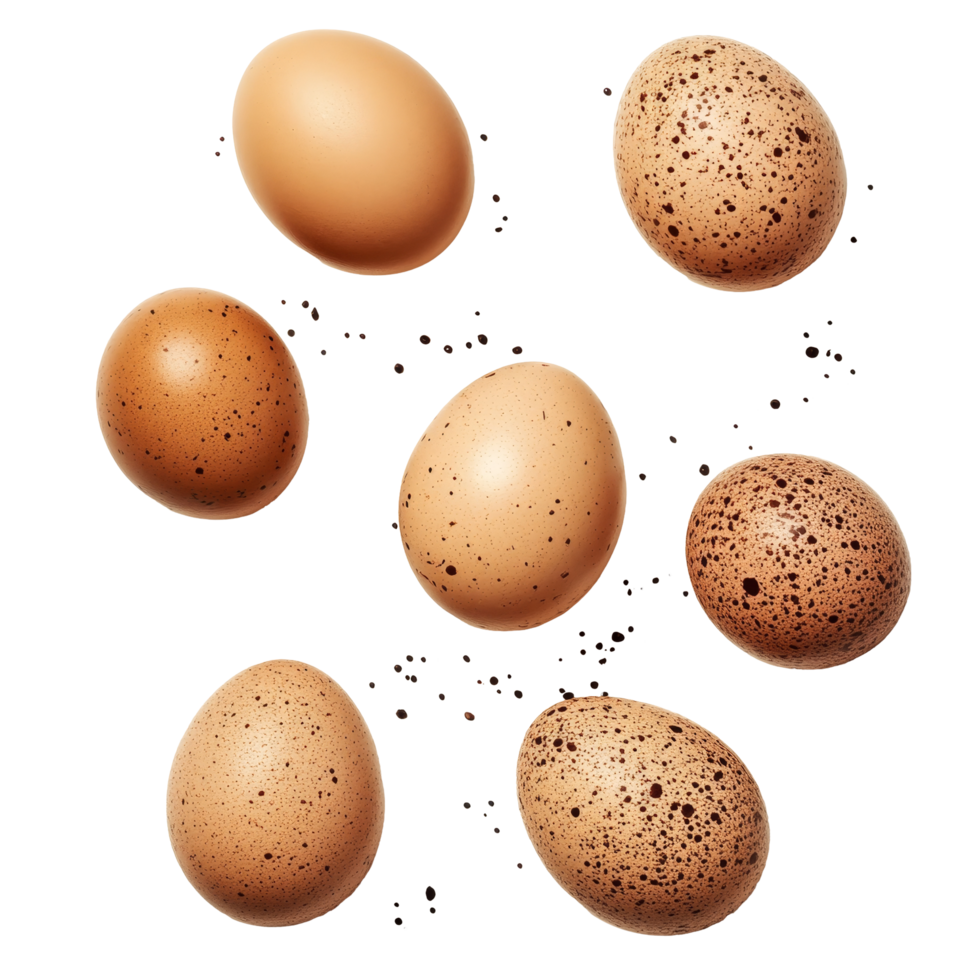 Brown eggs scattered on a transparent background with tiny specks, showcasing their natural textures and colors, brown eggs on transparent background png