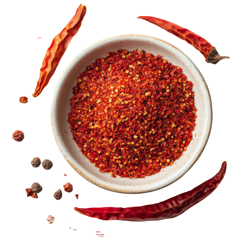 Cayenne pepper spice in a decorative plate surrounded by dried peppers on a clean transparent background, Cayenne pepper in a plate on transparent background png
