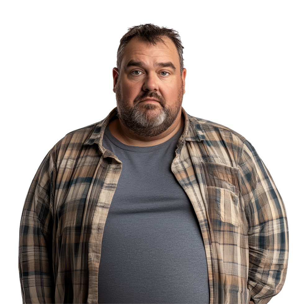 Portrait of an overweight man in a plaid shirt standing against a transparent background with a serious expression, Overweight Man Portrait Isolated on transparent background png