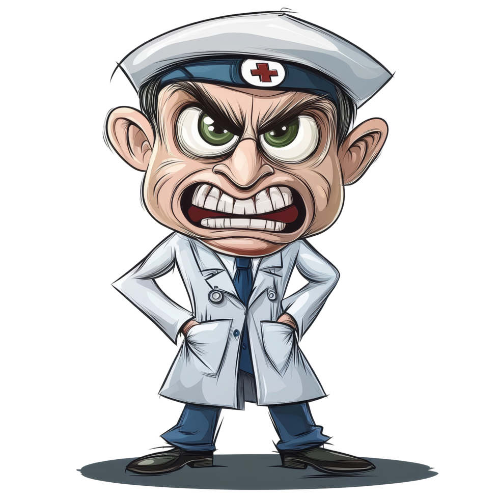 A funny and eccentric cartoon doctor with an angry expression standing proudly on a transparent background, showcasing a unique artistic design, crazy cartoon doctor isolated on transparent background png
