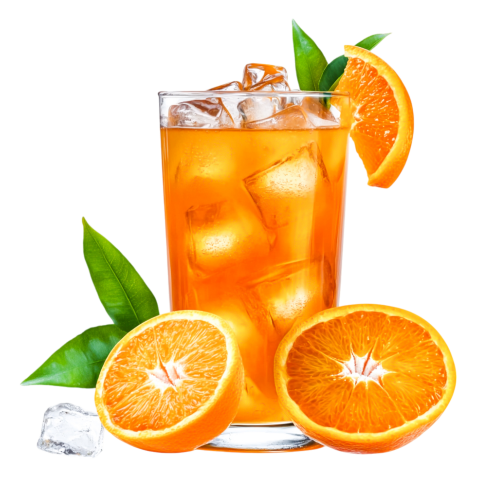 Refreshing Citrus Beverage with Ice and Fresh Oranges Nearby png