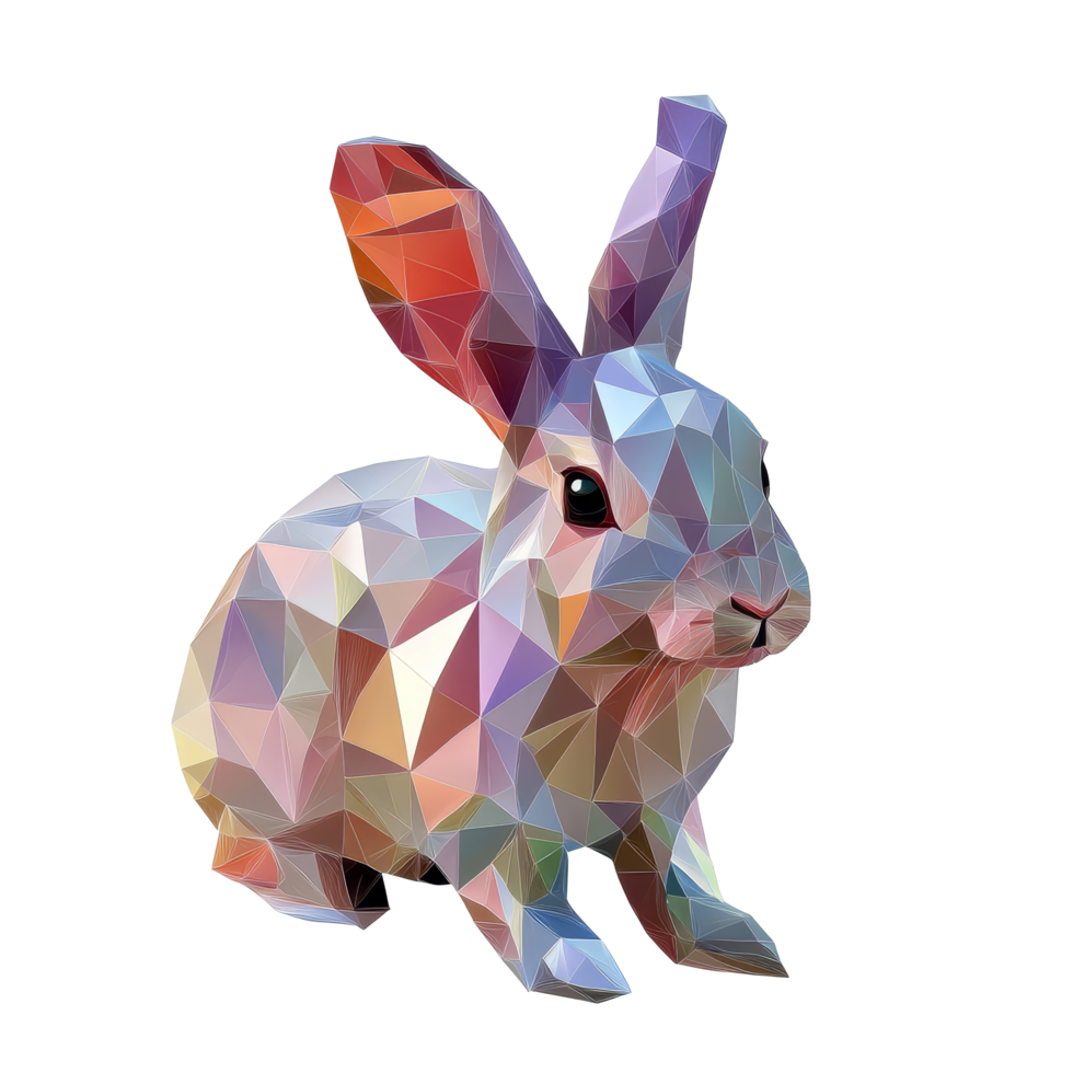 Colorful polygonal rabbit design with a geometric style on a transparent background showcasing vibrant artistry, Polygonal rabbit on transparent background. Geometric polygonal rabbit transparent png