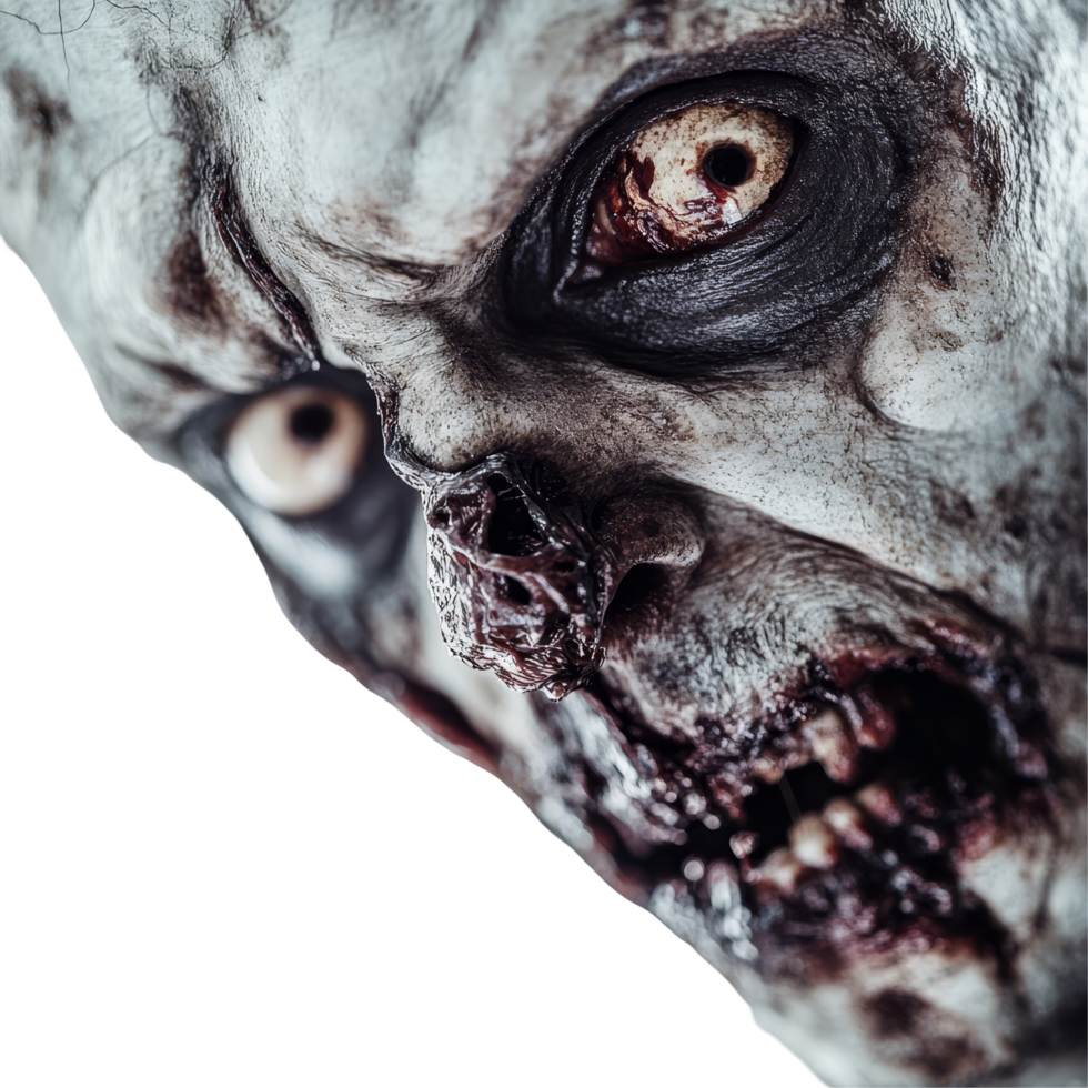 Closeup of a terrifying zombie with horrific features and eerie expression on a transparent background, CloseUp of a Scary Zombie Horror Concept on transparent background png