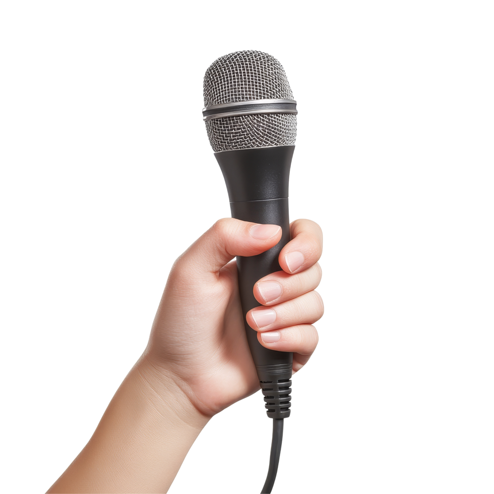 A hand firmly grips a microphone, ready for performance or public speaking against a plain transparent background, Hand Holding Microphone Isolated on transparent background High Resolution png