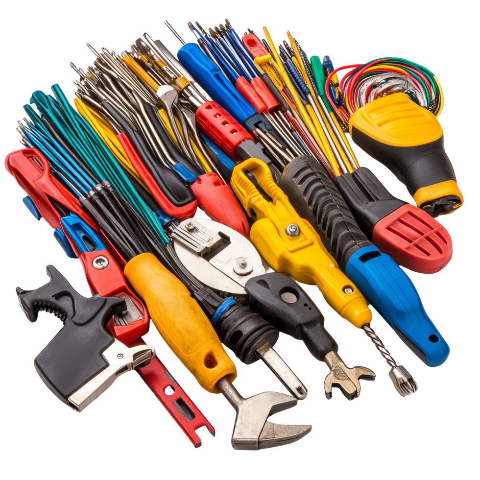Essential electrician tools arranged for easy access and efficient use in a workshop or job site, Group of electrician tools isolated png
