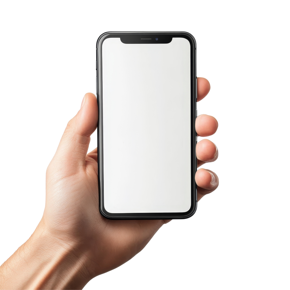 A hand holding a blank mobile phone mockup against a light background in a modern setting, Hand holding mobile phone screen mockup, iphone mock up isolated on transparent background png