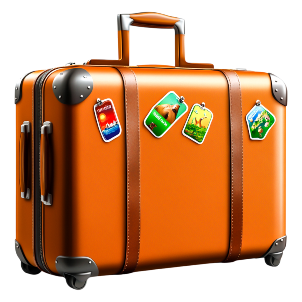 Vintage Orange Suitcase with Travel Stickers for Adventure Lovers png