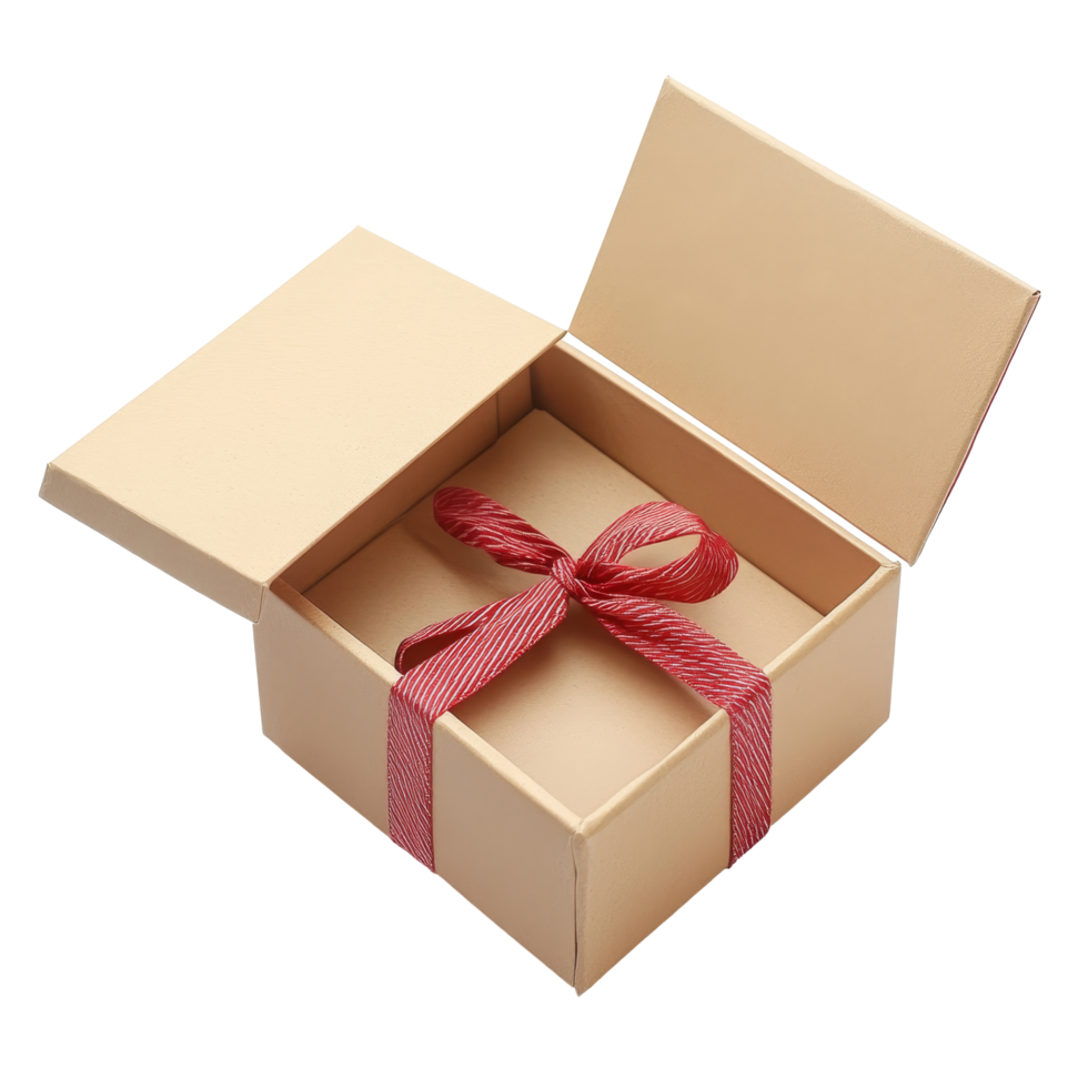 An open gift box with a red ribbon, showing the anticipation of unwrapping a thoughtful surprise, Open gift box isolated png