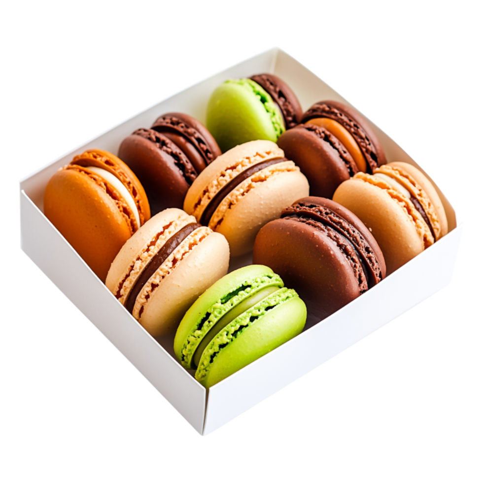 Colorful Assortment of Delicious Macarons in White Box png